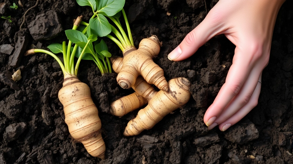 Fresh ginger rhizomes partially excavated from dark rich soil with green shoots emerging, hands gently working soil, natural lighting