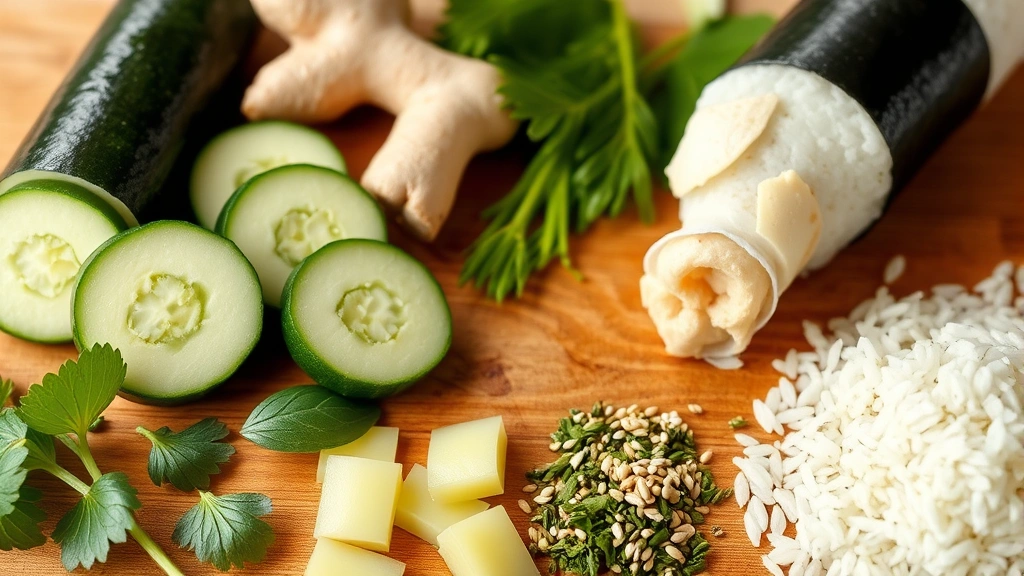 Assorted fresh sushi ingredients arranged on wooden surface: sliced cucumber, ginger root, wasabi leaves, fresh herbs, sesame seeds, rice