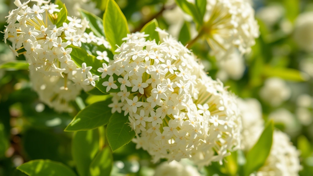 Close-up of delicate white Osmanthus fragrans flowers blooming on green foliage, showing clusters of tiny fragrant blossoms with natural sunlight filtering through leaves