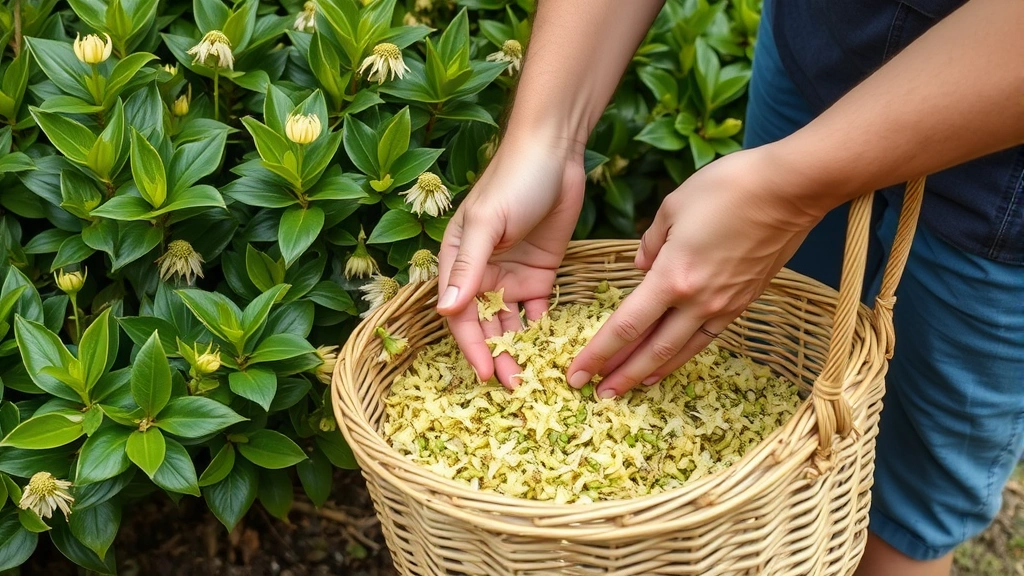 Hands harvesting fresh sweet tea flowers from an established green shrub in a garden setting, showing proper technique for gentle flower collection into a woven basket