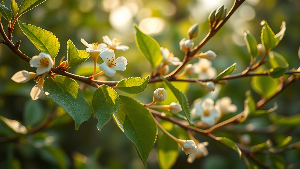 Close-up of tender sweet tea plant leaves and fragrant flowers on branches, soft morning light filtering through foliage, dew drops on fresh new growth emerging at branch tips