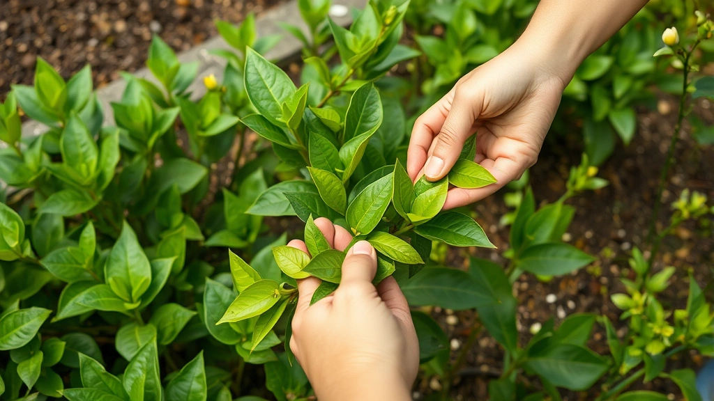 Gardener hands harvesting young tender leaves from mature sweet tea plant in garden bed, selective pruning of branch tips, spring growth visible in background