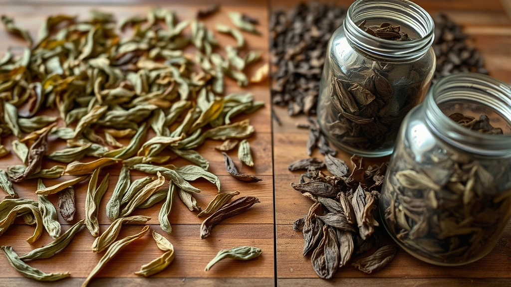 Spread of dried sweet tea leaves on wooden surface in various processing stages, freshly dried leaves and finished dried tea ready for storage in glass containers