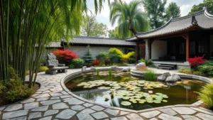 Serene Hunan-style garden with irregular stone paving, bamboo grove, and traditional pavilion overlooking a naturalistic pond with lotus flowers and water lilies reflecting sky, surrounded by layered plantings of maples and ferns