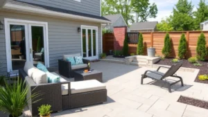 Peaceful outdoor patio space with comfortable seating and hardscape design, no plants or garden beds, showing relaxation area with lounge chairs and clean landscaping