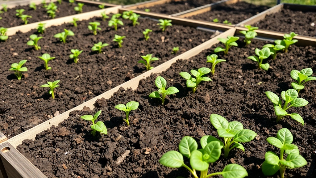 Raised garden beds filled with rich dark soil and young vegetable seedlings in spring sunlight, showing healthy green growth and proper spacing