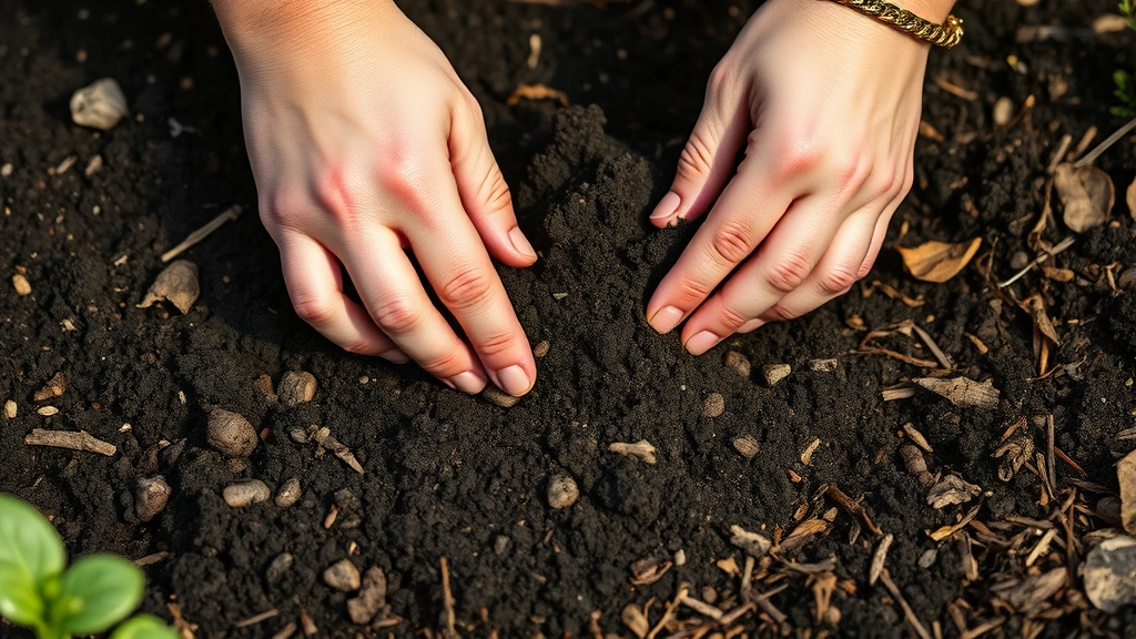 Gardener's hands testing soil texture and moisture in dark garden bed with compost and organic mulch visible, demonstrating soil preparation techniques