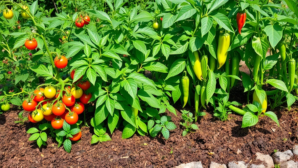 Lush mature vegetable garden in summer with tomato plants, peppers, beans, and herbs thriving with green foliage and visible produce, well-mulched soil beds