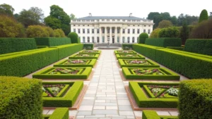 Formal imperial garden with symmetrical boxwood hedging, central stone pathway, and geometric parterre flower beds viewed from elevated perspective, classical architecture in background
