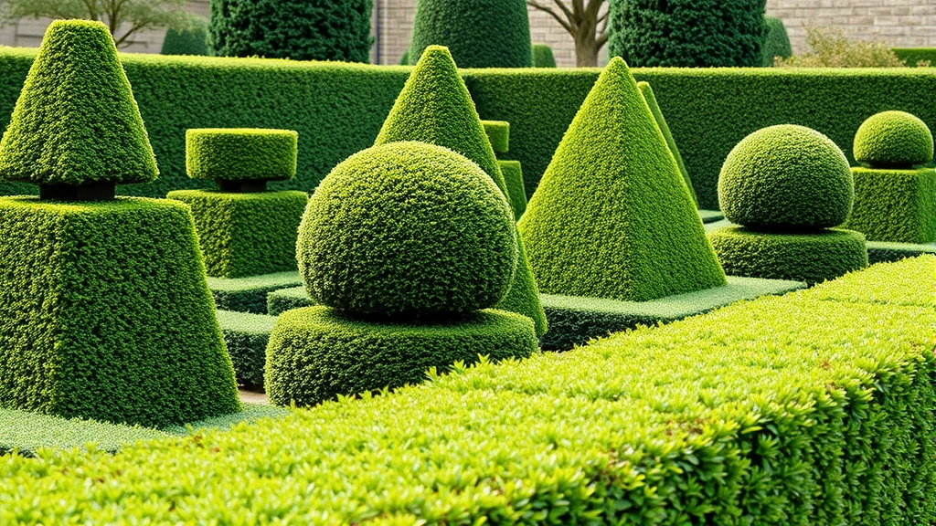 Close-up of meticulously maintained topiary specimens in geometric shapes, densely planted boxwood hedge with sharp clean lines, formal garden enclosure
