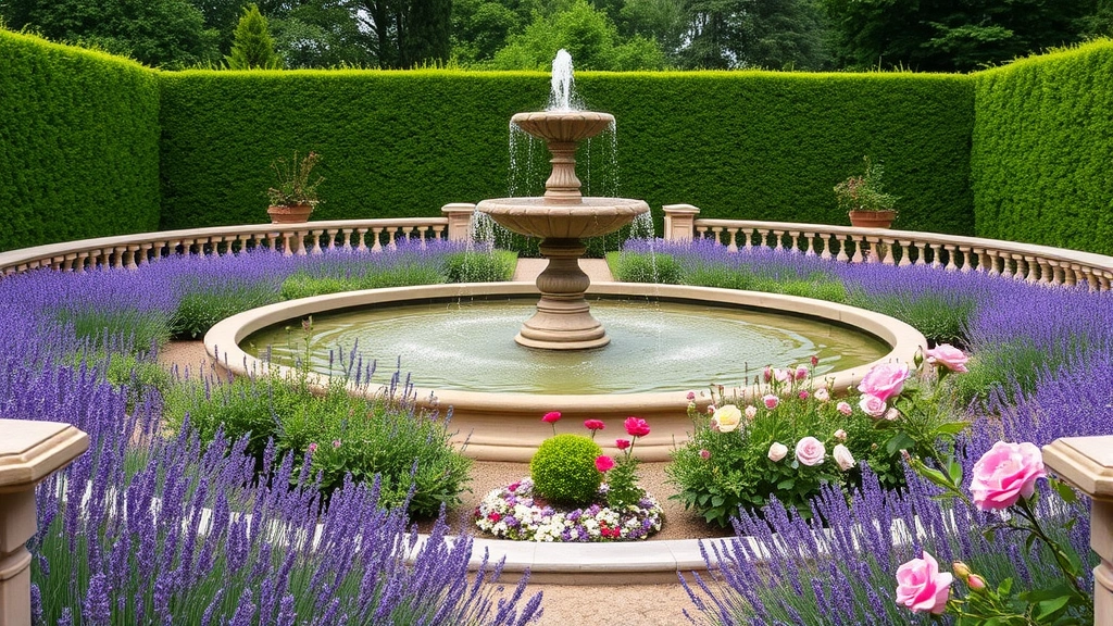 Grand water fountain as focal point in formal garden, surrounded by lavender and rose plantings, stone balustrade railing, manicured hedging creating outdoor room