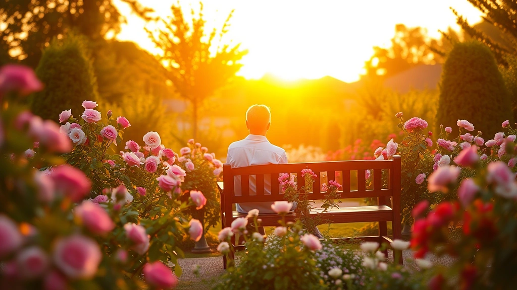 Person sitting on wooden garden bench surrounded by blooming roses and perennials during golden hour sunset light, peaceful garden setting with soft focus background