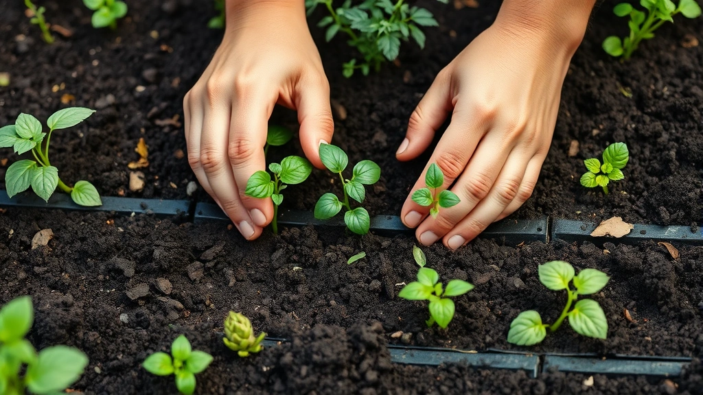 Hands planting seedlings in rich dark soil of raised garden bed with various herb and vegetable plants visible, natural daylight showing texture and growth
