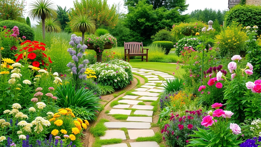 Wide view of mature cottage garden with mixed flower borders, winding stone pathway, and distant garden bench nestled among flowering plants and greenery