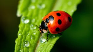 Close-up of ladybug with red and black spotted wings on green leaf with water droplets, natural garden lighting