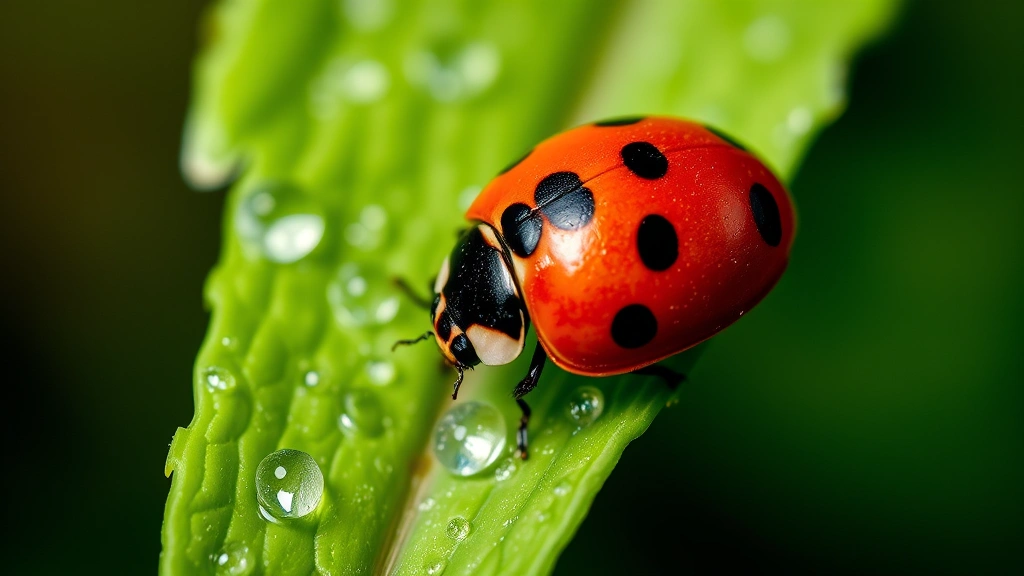 Close-up of ladybug with red and black spotted wings on green leaf with water droplets, natural garden lighting
