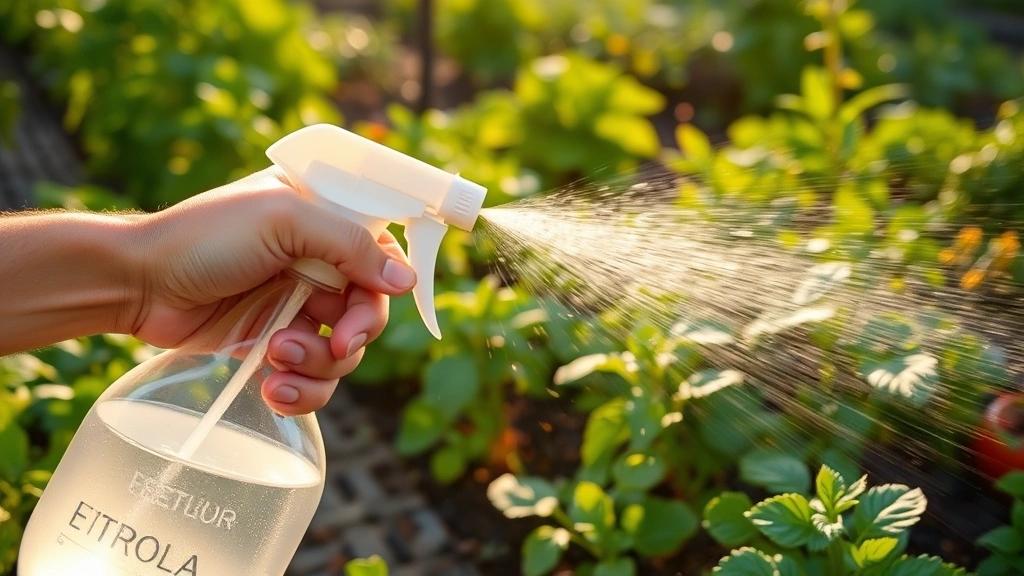 Hand holding garden spray bottle misting water on vegetable plants with morning sunlight, showing pest prevention technique