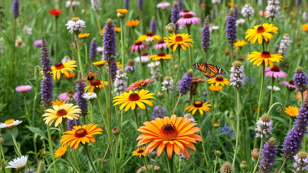 Diverse native wildflowers and herbs in garden bed attracting butterflies and bees, vibrant blooms in natural setting