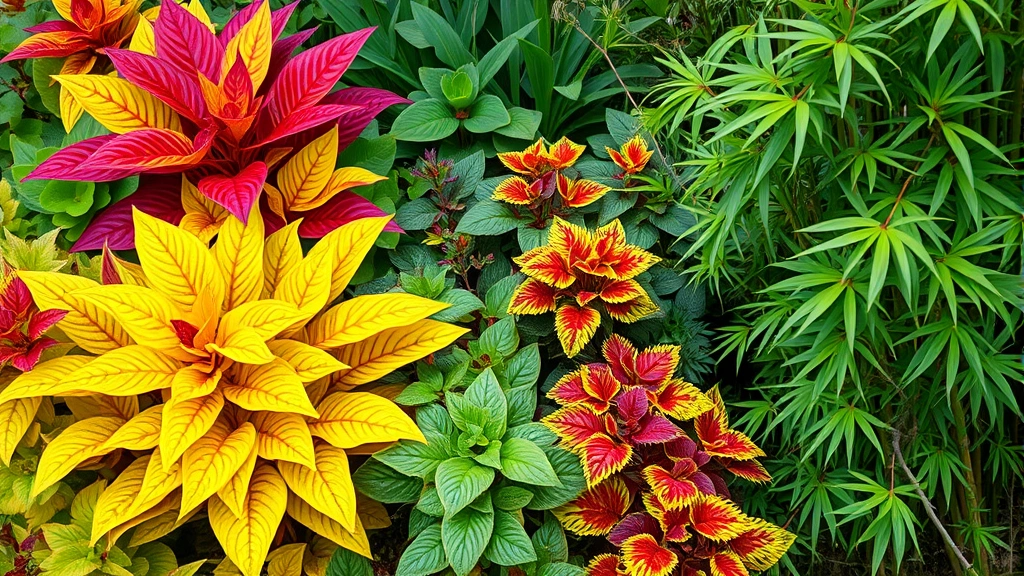 Close-up of colorful foliage plants including Croton with red and yellow leaves, Coleus varieties, and ornamental Bamboo creating texture and layered garden design