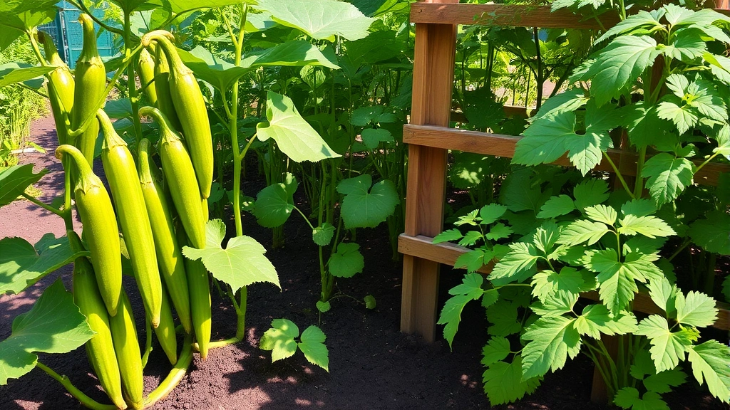 Lush Indian vegetable garden with okra plants bearing green pods, bottle gourds on wooden trellis, cilantro bunches, and curry leaf plants in warm sunlight with rich dark soil visible