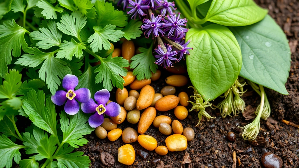 Close-up of vibrant Indian herbs and spices: fresh green cilantro leaves, purple tulsi flowers, curry leaves on branches, fenugreek sprouts, arranged on moist garden soil with morning dew