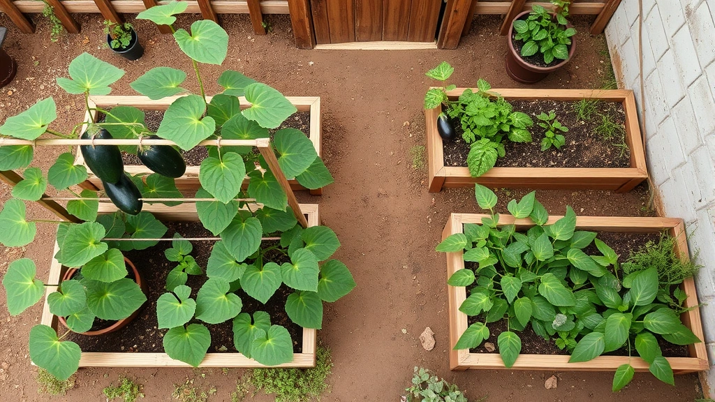 Overhead view of organized Indian garden beds with raised wooden planters containing bitter melon vines on trellis, eggplant with purple fruits, yard-long beans, and herb containers near wooden garden gate