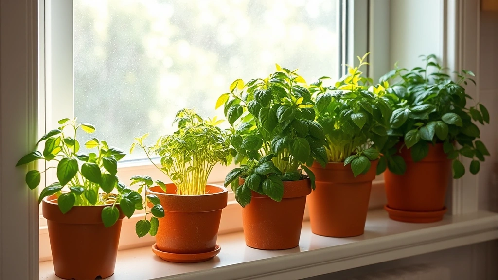 Bright kitchen windowsill with multiple potted basil, parsley, and mint plants in terracotta and ceramic containers, morning sunlight streaming through window, fresh green foliage clearly visible, water droplets on leaves suggesting recent misting
