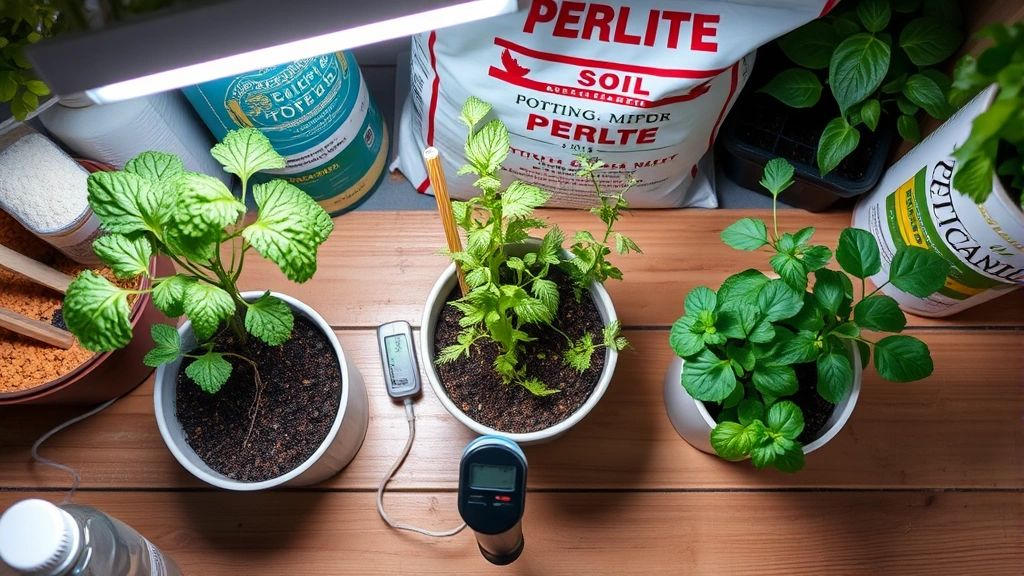 Close-up overhead view of indoor herb garden setup showing three potted herbs with LED grow light positioned above, moisture meter inserted in soil, spray bottle nearby, perlite and potting soil bags in background, organized gardening workspace