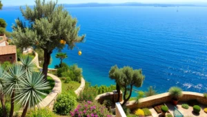 Lakeside terraced Mediterranean garden with olive trees, lemon trees, and flowering plants overlooking sparkling blue water, stone walls supporting hillside plantings, clear sunny day