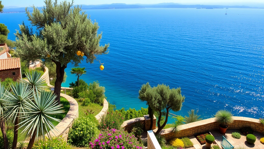 Lakeside terraced Mediterranean garden with olive trees, lemon trees, and flowering plants overlooking sparkling blue water, stone walls supporting hillside plantings, clear sunny day