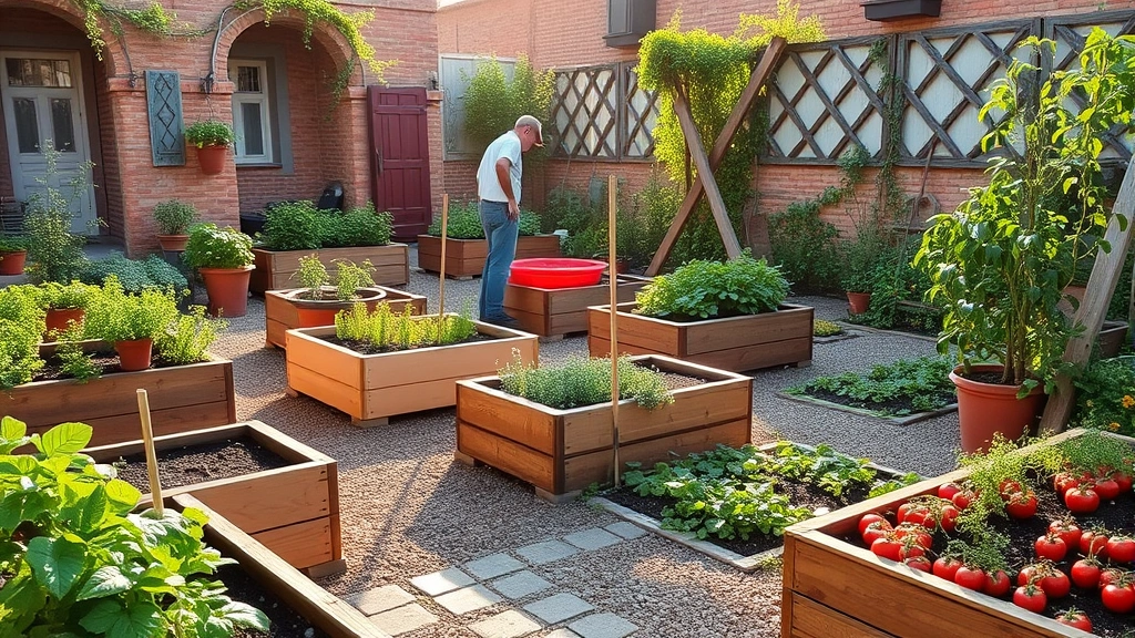 Traditional Italian family vegetable garden with raised beds, herb planters, tomato plants, and local gardeners harvesting fresh produce in morning light