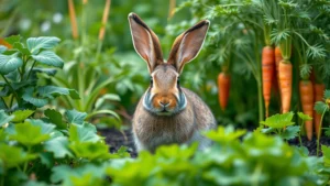 A jackrabbit with large ears sitting in a vegetable garden surrounded by leafy greens and carrot plants, photorealistic wildlife garden scene