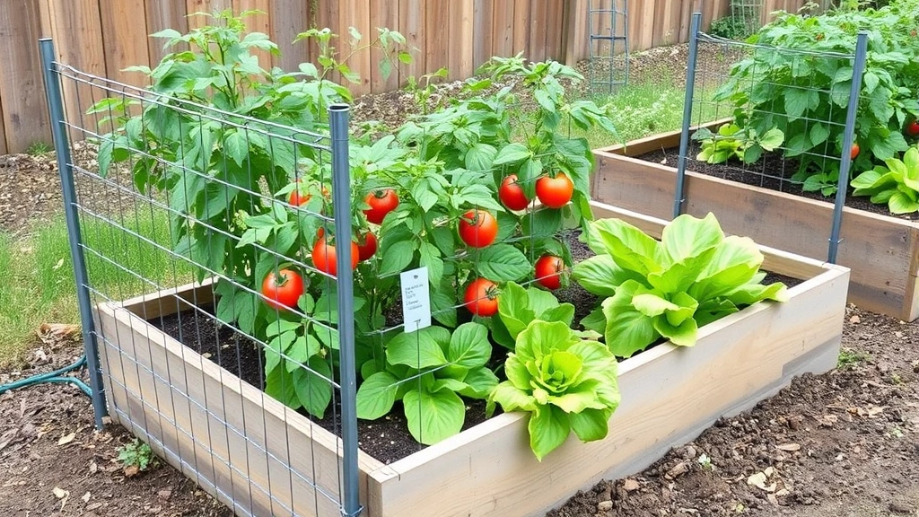 Sturdy metal rabbit fencing installed around raised garden beds containing tomatoes and lettuce, showing proper installation depth and height