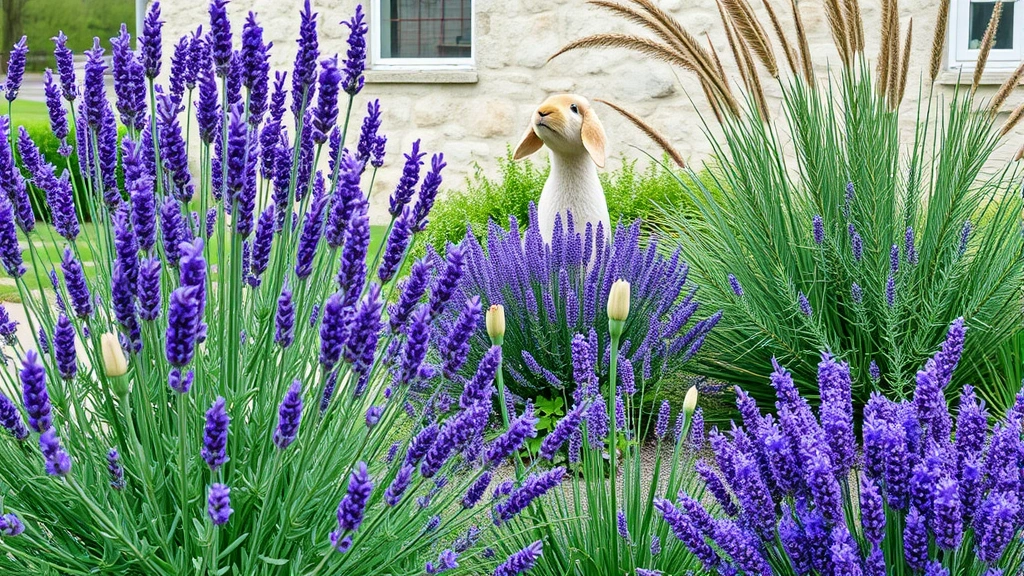 A serene garden landscape featuring rabbit-resistant plants like lavender, rosemary, and ornamental grasses in full bloom during spring