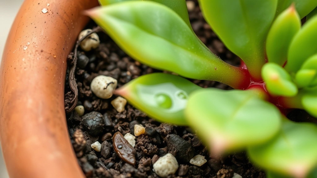 Close-up of jade plant soil and drainage pot showing well-draining succulent soil with perlite, water droplet visible on terracotta pot