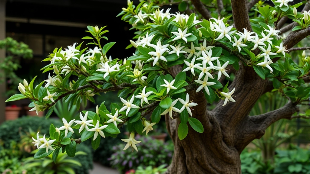 Mature tree-form jade plant with star-shaped white flowers blooming, wooden trunk visible, professional botanical garden setting