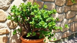 Mature jade plant with thick woody stems and fleshy green rounded leaves growing in a terra cotta container positioned against a Mediterranean-style stone wall with dappled sunlight creating shadows on the foliage