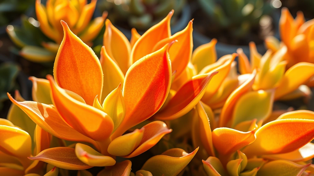 Close-up of variegated jade plant leaves showing orange and yellow coloration with bright morning sunlight illuminating the translucent edges of the succulent foliage in a garden setting