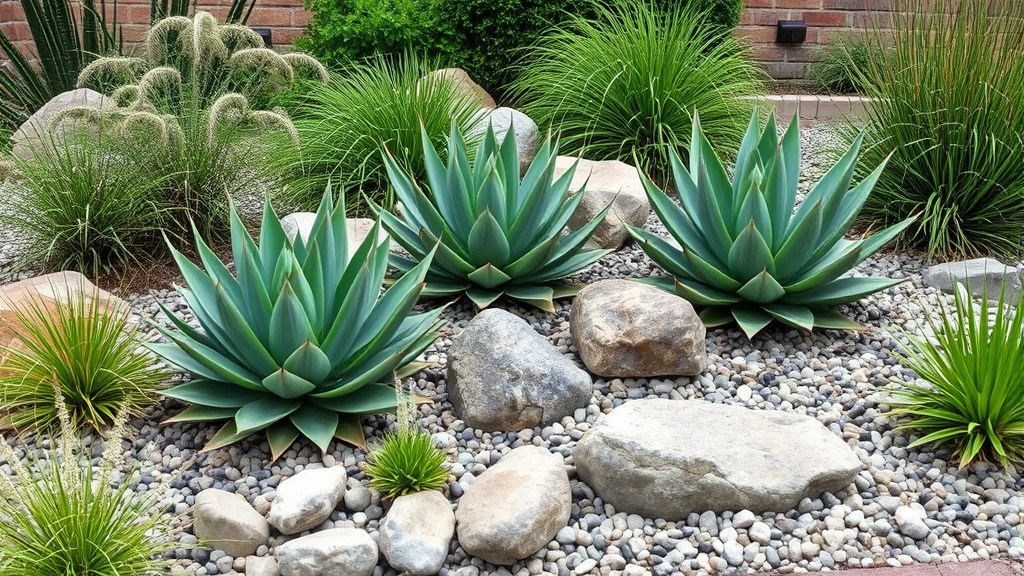 Contemporary garden design featuring multiple jade plants grouped with ornamental grasses, rounded river rocks, and gravel mulch creating textured landscape composition with varied plant forms