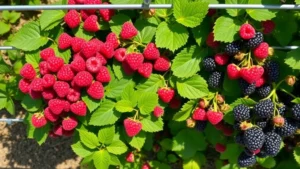 Overhead view of mature berry bushes laden with ripe raspberries and blackberries growing on trained trellises in a sunny garden setting, showing healthy green foliage and abundant red and dark purple fruits ready for harvest