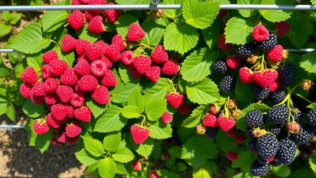 Overhead view of mature berry bushes laden with ripe raspberries and blackberries growing on trained trellises in a sunny garden setting, showing healthy green foliage and abundant red and dark purple fruits ready for harvest