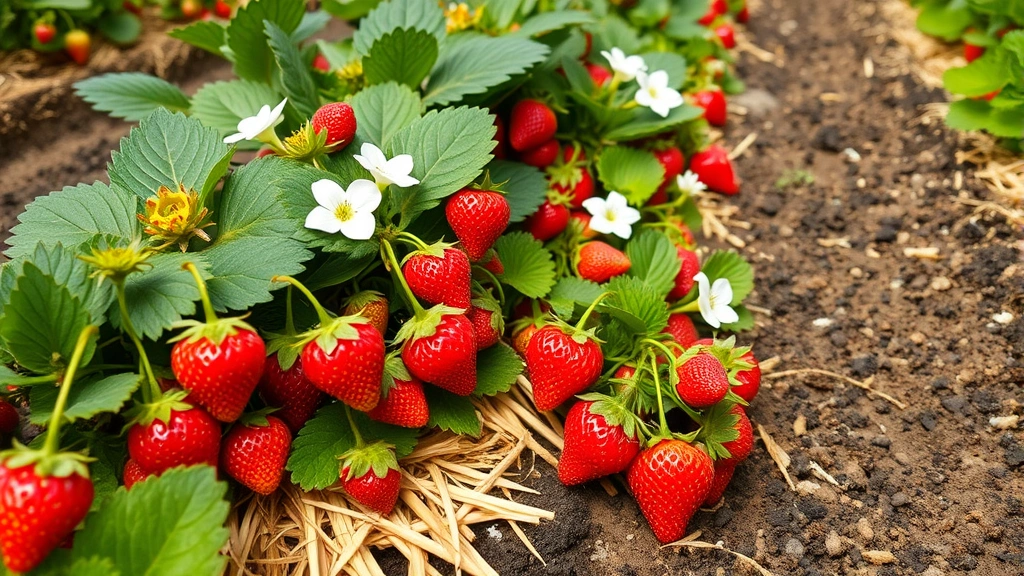 Close-up of strawberry plants with bright red ripe berries and white flowers, mulched with straw, showing dense healthy growth in organized garden rows with rich dark soil visible