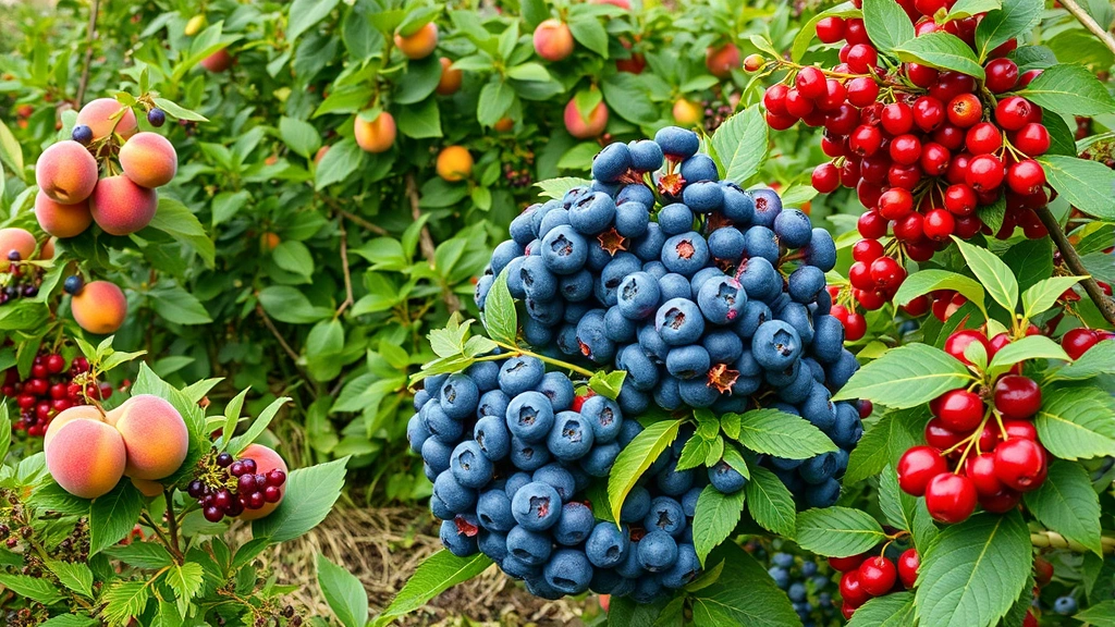 Diverse jam garden landscape featuring blueberry bushes heavy with blue berries, stone fruit trees with ripening peaches, and currant shrubs with red fruit clusters, creating a productive multi-level garden design with proper spacing