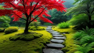 Serene Japanese garden with red maple tree, moss-covered ground, stepping stones leading through lush ferns and shade plants, morning mist, peaceful atmosphere