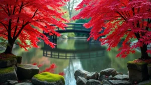 Japanese maple trees with vibrant red autumn foliage reflected in still pond water, moss-covered stones in foreground, traditional wooden bridge in soft focus background