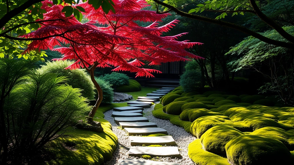 Serene Japanese garden pathway with stepping stones through shade-tolerant plants, Japanese maple with red foliage, moss-covered ground, soft dappled light filtering through tree canopy, peaceful meditative atmosphere