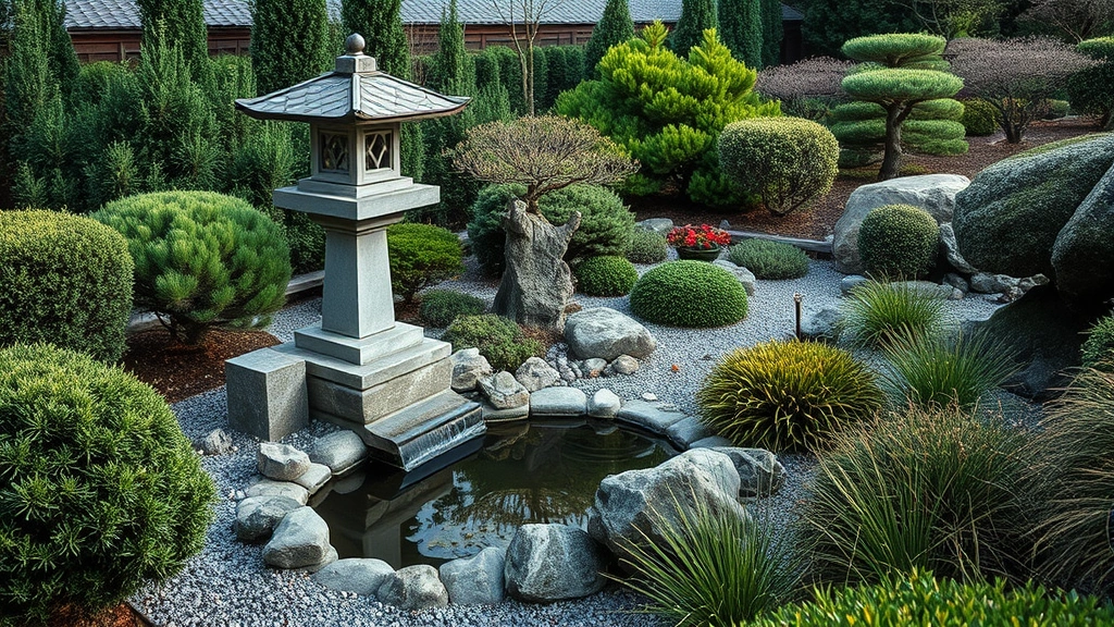 Intimate Japanese garden scene featuring stone lantern beside small water basin, surrounded by evergreen shrubs, carefully placed rocks, ornamental grasses, and manicured foliage in soft afternoon light