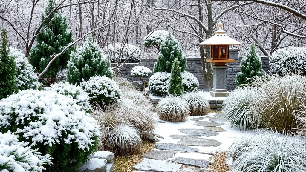 Winter Japanese garden showcasing snow-dusted evergreen plants, frost-covered ornamental grasses, stone pathway and lantern, bare branches creating delicate patterns, serene cold-season landscape