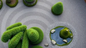 Overhead view of a serene Japanese garden with raked gravel patterns, carefully pruned evergreen shrubs, moss-covered stones, and a small water feature reflecting sky, photographed in soft natural light