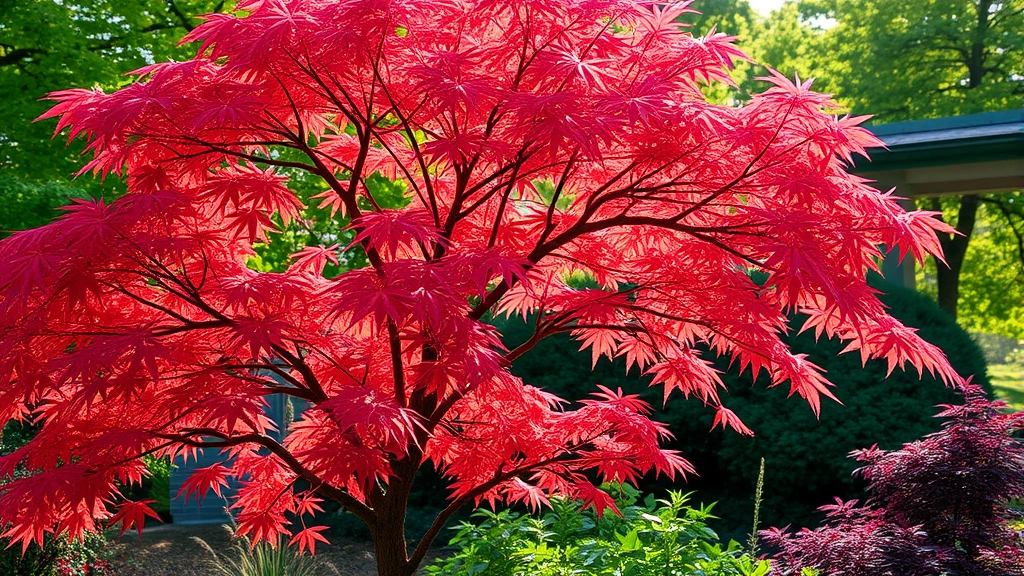 Japanese maple tree with delicate red foliage in autumn, showing intricate branching structure, surrounded by hostas and shade plants, morning light filtering through leaves